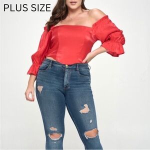 52. Plus Size Red Smocked off the shoulder top